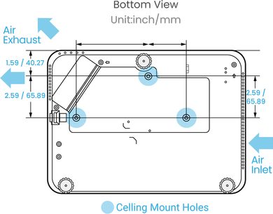 Teknisk diagram af en Benq TK700STi-projektor set ovenfra med dimensioner og placering af komponenter