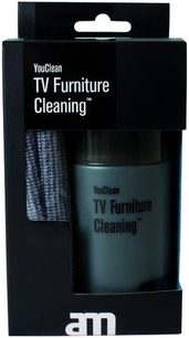 YouClean TV-møbelrens i sort flaske med gråt låg og sort etiket, vist i sin sorte papemballage