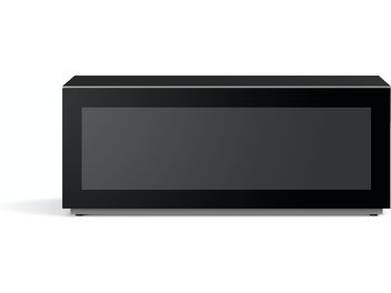 Rektangulært sort TV-møbel med sort glasfrontpanel, uden synlige håndtag, på lave ben