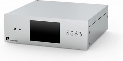 CD плейър Pro-Ject CD Box RS2 T сребрист, изглед под три четвърти, преден панел с черен дисплей и четири кръгли бутона