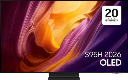 Televisore Samsung TQ77S95H OLED vista frontale con schermo edge-to-edge e visual astratto arancione viola