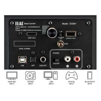 Hinteres schwarzes Metallgehäusepanel mit HDMI-ARC-, USB-B-, optischen, Sub-Out-, USB-A-, Phono-Eingang mit GND- und RCA-L/R-Anschlüssen