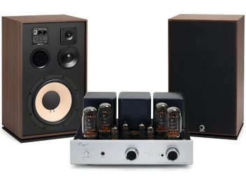 Sistema hi-fi con amplificatore valvolare Cayin argentato e coppia di diffusori Elipson effetto legno nero e noce visti di fronte