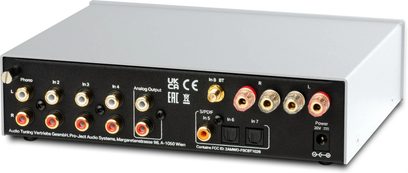 Pro-Ject MaiA S3 integrated stereo amplifier silver, rear view with numerous RCA, S/PDIF audio inputs and speaker terminals