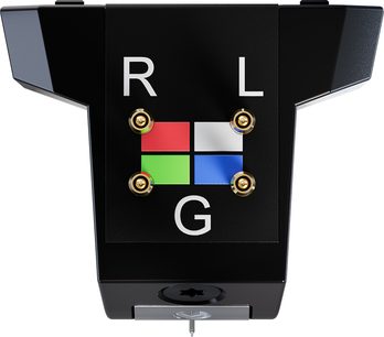 Black Ortofon MC Vertex hi-fi cartridge, front view, with R L G markings and four red white green blue squares