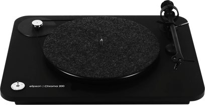 Elipson Chroma 200 pladespiller i mat sort set ovenfra, sort filtplade, sort tonearm