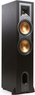 Enceinte colonne Klipsch R-28F noir, vue de face, deux haut-parleurs circulaires dorés, port bass-reflex circulaire noir