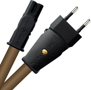 Strømkabel Wireworld Mini Electra 10 Power, sorte stik, metalben, brun kappe, nærbillede