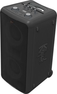 Φορητό ηχείο Bluetooth Klipsch Miami, πλάγια όψη, μαύρη μπροστινή γρίλια, επάνω χειριστήρια, ενσωματωμένη λαβή, υφές στις πλευρές