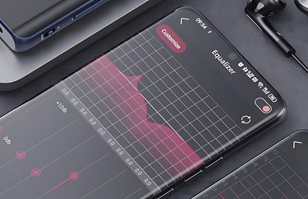 Smartphone preto de vidro, tela curva com equalizador de áudio em curva rosa na grade, vista em perspectiva aproximada