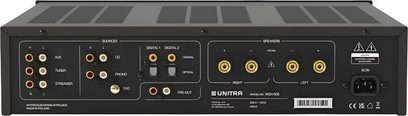 Amplificatore hi-fi stereo Unitra WSH-605 nero in metallo, vista posteriore, morsetti per altoparlanti, ingressi RCA, coassiale e ottico