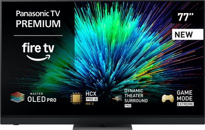 Eestvaade mustast, õhukese raamiga plastist ja metallist Panasonic TV-77Z90B kõrglahutusega telerist, 77-tollise lame OLED-ekraaniga, mis kuvab värvikat pilti, paigaldatud tumedale keskjalale