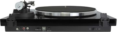 Hi-fi pladespiller Enova HIFI Vision 3 USB sort, set oppefra, sort pladedrev, tonarm, knapper og tilslutninger på bagsiden