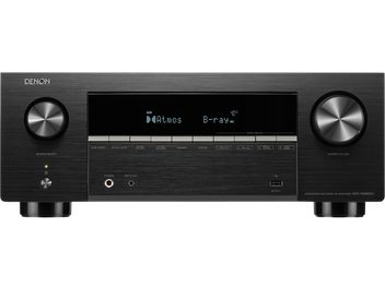 Denon AVR-X3900H namų kino stiprintuvas, juodas, priekinis skydelis su dideliu centriniu ekranu, dviem rankenėlėmis ir USB jungtimi