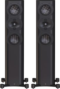 Diffusori a colonna S5t con finitura scura, 3 altoparlanti circolari per unità, motivi a scacchiera, basi metalliche a 4 piedini