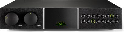 Naim Audio NAC252 sort forstærker, frontvisning, 2 drejeknopper, 8 grønne trykknapper, centralt grønt logo