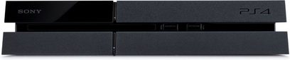 Sort Sony PS4 500 GB spillekonsol, set forfra, med indbygget 4K Blu-ray-afspiller
