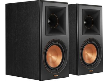 Paire d'enceintes bibliothèque Klipsch RP-600M noires, pavillon noir et haut-parleur cuivré