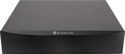 NuPrime SW-9X netværksswitch sort, set forfra med centralt NuPrime-logo og lille indikatorlys til højre