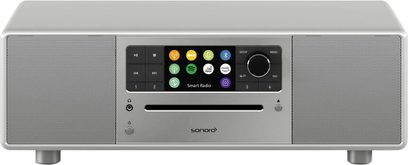 Sonoro Prestige silver tabletop radio, rectangular, color screen, buttons, brushed metal speaker grille
