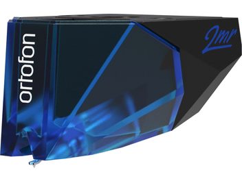 Black and blue packaging of an Ortofon 2M Blue phono cartridge, front view, diagonal transparent strip