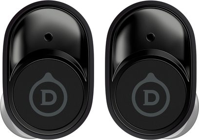 To svarte Devialet Gemini in-ear hodetelefoner, sett forfra, med et grått "D"-logo i midten