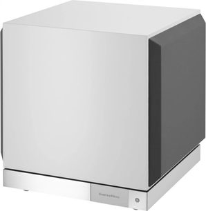 Bowers & Wilkins DB2D satengblankt subbasshøyttalerkabinett, perspektivisk frontvisning, kubisk form med avrundede hjørner