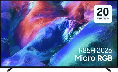 Samsung R85H 2026 fladskærms-tv i sort med abstrakt blåt, rosa og violet billede, set forfra