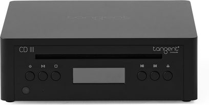 Tangent CD III cd-speler in matzwart metaal, vooraanzicht, invoersleuf, centraal display, ronde knoppen en logo rechts