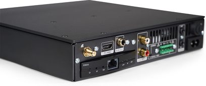 Amplificatore hi-fi integrato stereo Elipson Connect 2130 Xi, vista posteriore angolata, connettori RCA, HDMI, LAN, antenne, griglie, presa di corrente