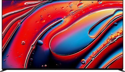 Televizor Sony BRAVIA 9 (75XR90) s plochou obrazovkou, pohled zepředu, abstraktní vícebarevný display s plynulými tvary a bublinami