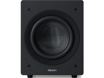 Subwoofer Elipson Classic Sub 8 preto, visto de frente, com altifalante visível de membrana texturada e logótipo branco