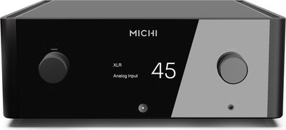 Ampli hi-fi stéréo Rotel Michi X5 noir, vue de face, façade avec écran affichant "XLR Analog Input 45", boutons et prises