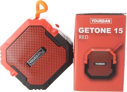 Přenosný reproduktor Yourban Getone 15 červený, čtvercový tvar, perforovaná mřížka, centrální logo, levý horní roh s oranžovou smyčkou