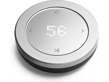 Okrągły metalowy pilot hifi DEVIALET Remote Deep Forest w kolorze srebrnym, z ciemnozieloną krawędzią i podświetlanym wyświetlaczem 56