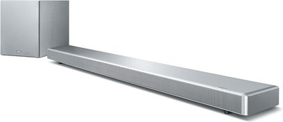 Yamaha YSP-2700 srebrna, prostokątna, smukła, szczotkowana metaliczna obudowa, perforowana maskownica, głośniki, złącza