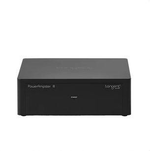 Sort, kompakt Tangent PowerAmpster III hi-fi-forstærker med minimalistisk frontplade, logo og standby-indikator