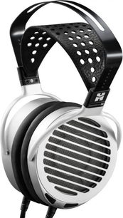 Åbent hi-fi hovedsæt Hifiman Shangri La Jr System, set forfra, perforeret metalrist på ørepuderne, sort hovedbøjle