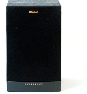 Klipsch Reference bogreolhøjttaler, sort, set forfra, lodret rektangulært format, sort gitter på forsiden
