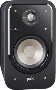 Polk Audio S20 sort bogreolhøjttaler, set forfra, synlig mellemtone- og diskanthøjttaler, justeringskontroller