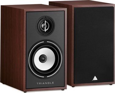 Enceinte bibliothèque Triangle Borea BR02 noyer, vue de face et de trois quarts, tweeter et woofer noirs, finition bois