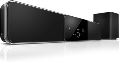 Sort Philips HTS-8141 soundbar, set forfra, med LED-skærm og blankt sort diskanthorn