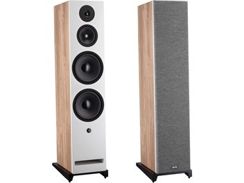 Enceinte colonne Davis Acoustics Krypton 10, vue de face et de trois quarts, finition bois clair, façade blanche, grille grise amovible