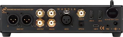 Ferrum Audio WANDLA HP hi-fi ausinių priešstiprintuvas, galinė dalis su XLR, RCA, koaksialinėmis, optinėmis, USB, HDMI jungtimis ir maitinimu