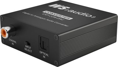 Wyrestorm EXP-CON-DAC kompakt mat sort audio DAC-konverter med RCA-, koaksial- og optiske stik på forsiden