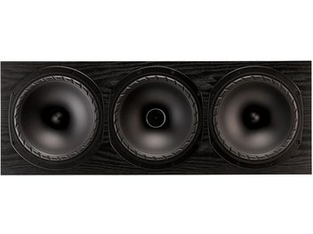 Fyne Audio F502E LCR centerhøjttaler, set forfra, 3 sorte cirkulære højttalere, mørk træfinish, synlige skruer