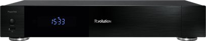 Lecteur multimédia R_volution PlayerOne noir, face avant avec affichage LED bleu "15:33", vue de face