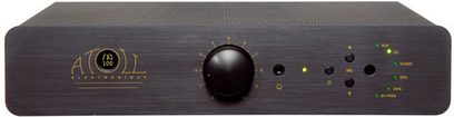 Atoll Electronique IN100SE sort hi-fi stereforstærker, frontvisning, gyldne knapper og stik på mat sort frontpanel