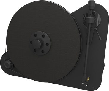 Pro-Ject VT-E sort pladespiller, set fra venstre side, vertikal tonarm, mat sort pladeskive, sort kabinet