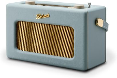 Rádio Roberts Revival iStream 3L v barvě světle modré, obdélníkový kryt z umělé kůže s přední kovovou zlatou mřížkou a přizpůsobeným logem, dva krémové knoflíky a vysouvací anténa na vrchní části, boční koordinovaný popruh, pohled zepředu ze tří čtvrtin